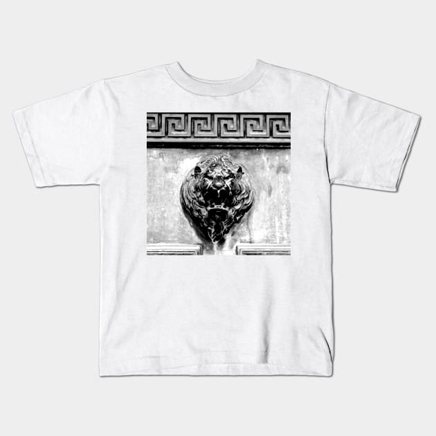 Black and White Lion Face Kids T-Shirt by Art of V. Cook